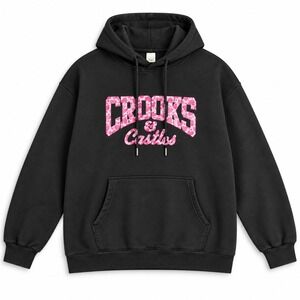 Crooks & Castles Mens Black Hoodie Pink Camo Logo Pullover Sweatshirt Small